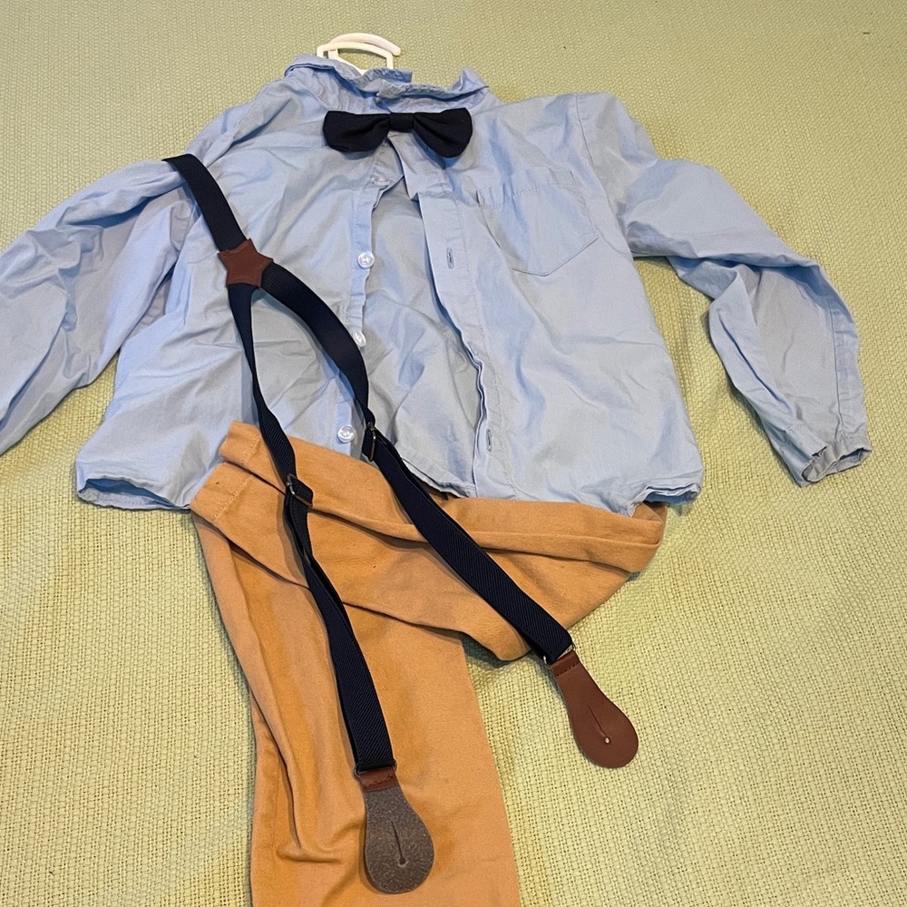 Kids Blue Shirt, Khaki Pants with Bow Tie and Suspenders Set